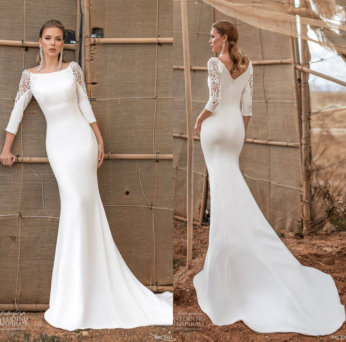 2020 Elegant Mermaid Wedding Dresses Scoop Neck Satin Appliqued 3/4