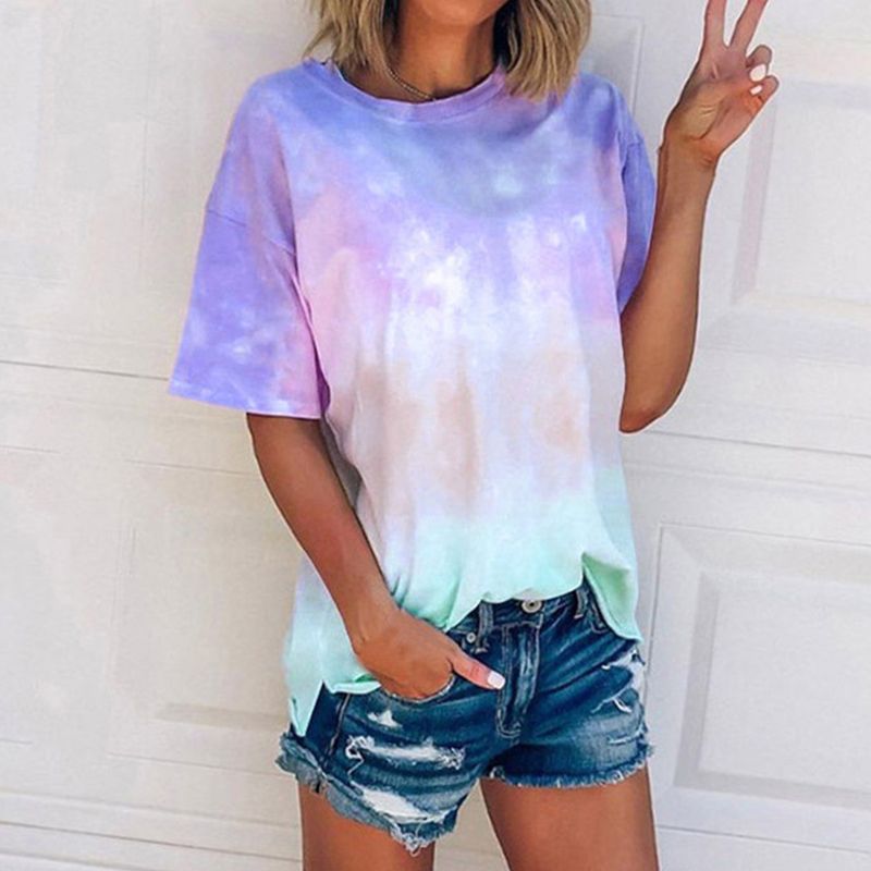 Yoga Outfits Loose Casual Women Gradient Color Print Tshirt Short Sleeve Summer 2021 Fashion Tie-dye T-Shirts Plus Size Shirt