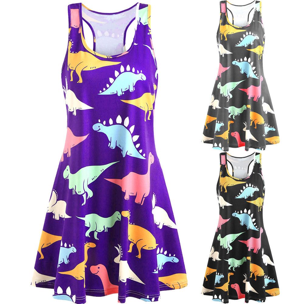 Baiggooswt 2019 Summer Dress for Women Tank Sleeveless Ladies Beach Dress Printed Dinosaur Tunic