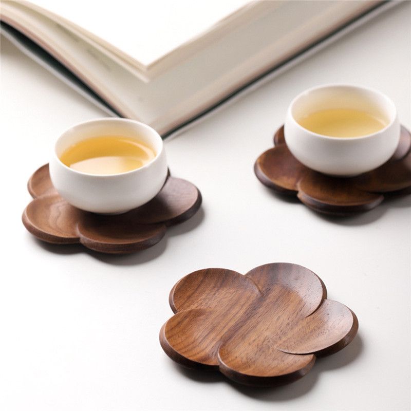 Wood Drink Dining Table Potholder for Home Office Table 6 Pieces Walnut Coasters Set with Holder Round Wooden Coffee Tea Cup Pad