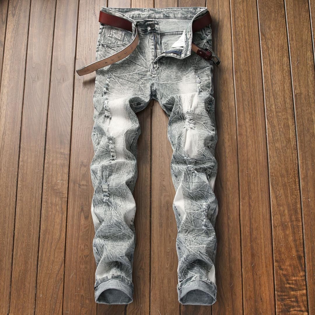 Light grey Denim Trousers Snow Wash Men Jeans Brand Design Ripped