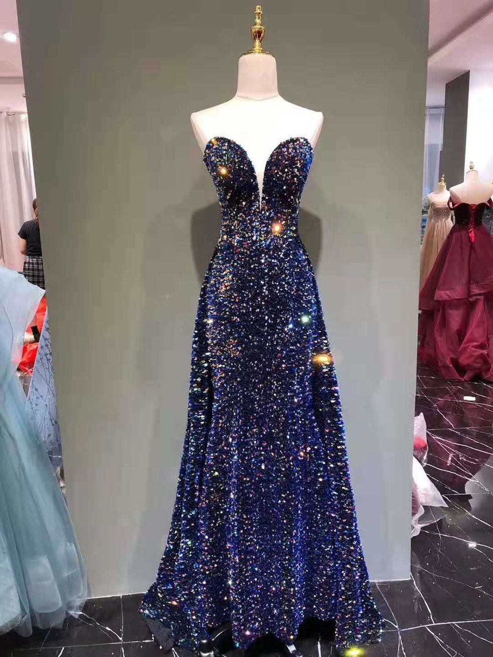 Sparking Blue Evening Dress Shining Sequins With Beads Long Prom Dress