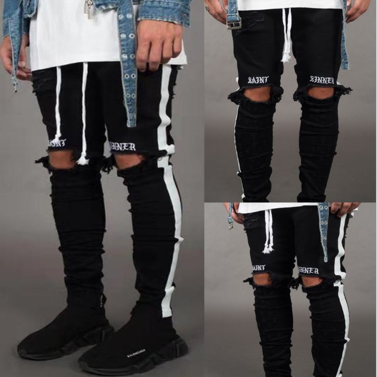 Compra Nuevos Llegados Para Hombre Diseñador Jeans Blanco Negro Agujero De  La Rodilla Side Cremallera Slim Jeans Apenados Men Ripped Remado Arriba Up  Jeans Hombres Pantalones De Rayas 2834 Barato | Entrega