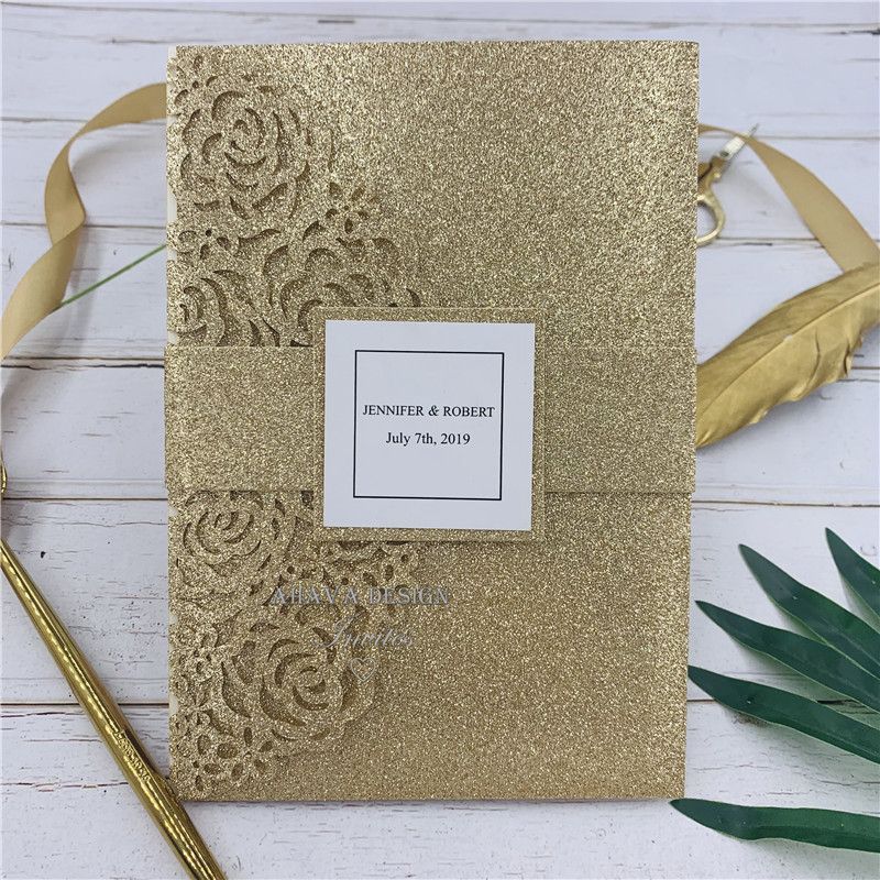 Rose Gold Glittery Laser Cut Pocket Fold With Floral