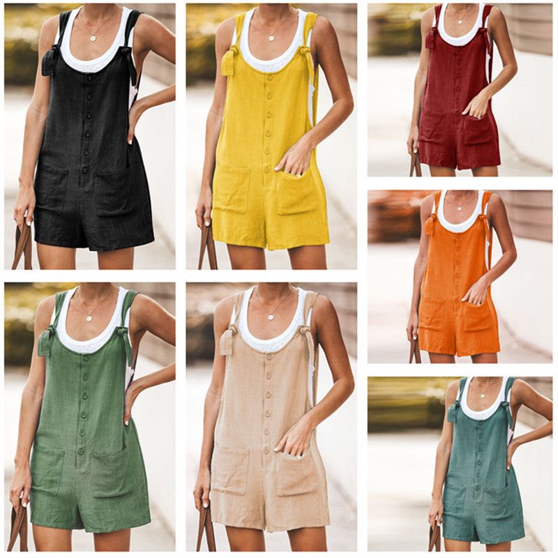 cotton and linen casual style suspender pocket jumpsuit