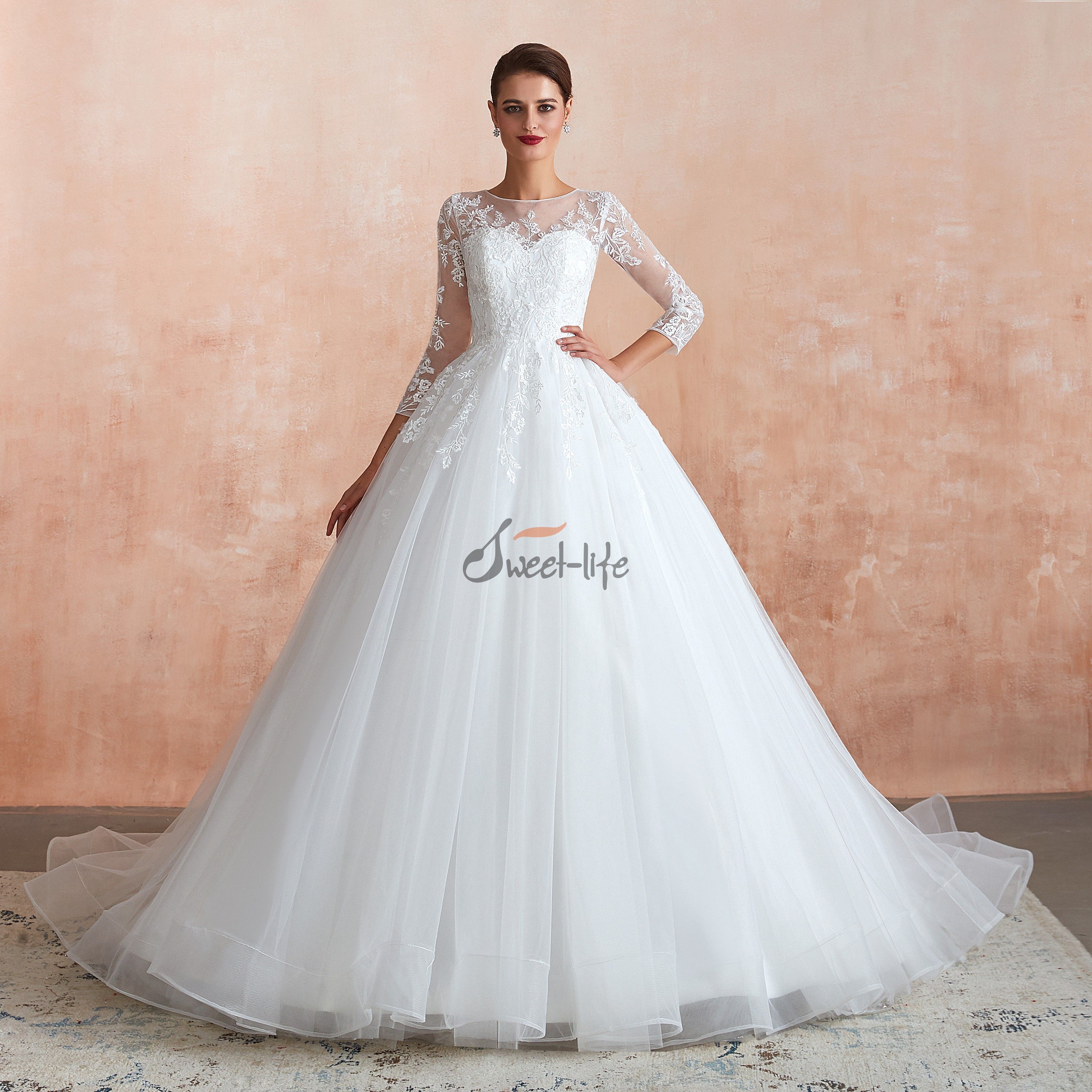 Compre 2020 Blusa Blanca Elegante Sheer Vestidos De Boda Recepción Bata Matrimonio Bola Nupcial Del Cordón Largo Del Vestido De Novia 37365 A 105,78 € Del Sweet Life | DHgate.Com