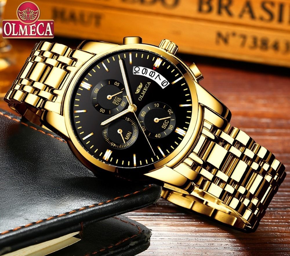 Olmeca Relogio Masculino الرجال ووتش الساعات الفاخرة 3atm للماء ساعة كرونوغراف ساعة اليد الفولاذ الصلب الفرقة جلدية C19041601