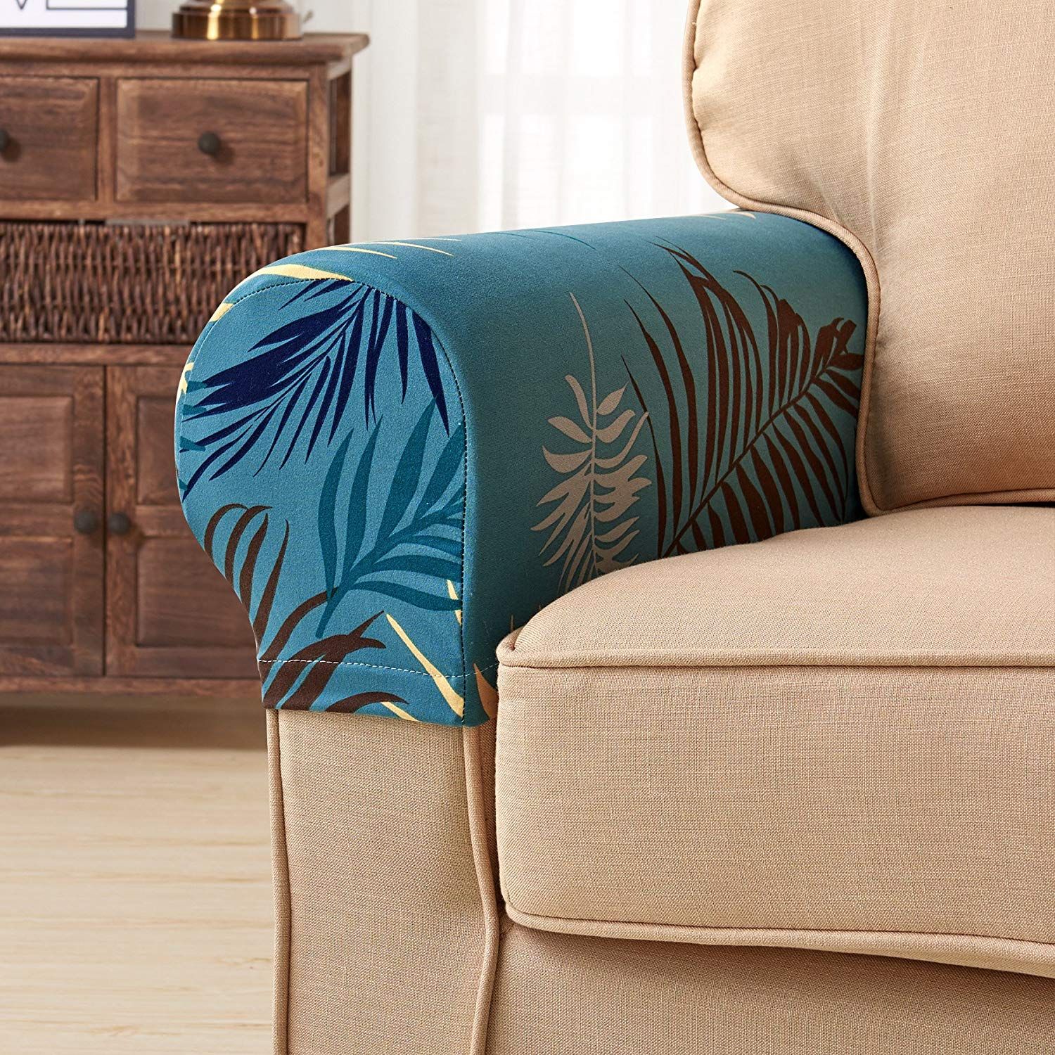 Subrtex Leaves Spandex Stretch Fabric Armrest Covers Sofa Armchair