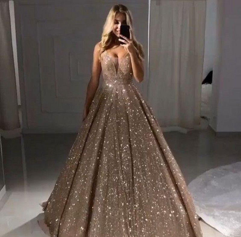 champagne sequin prom dress