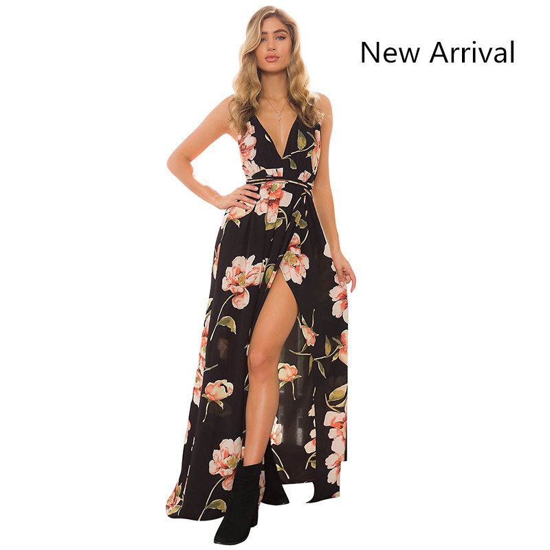 Women Summer Maxi Dress Floal Print Open Back Cami Dress V-Neck Long Dress Summer Beach Skirt Casual Party Dress 2021