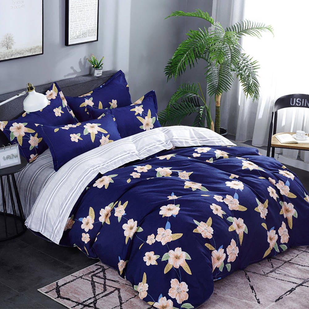 Floral Bedding Set Queen Size Classic High End Royal Blue Duvet