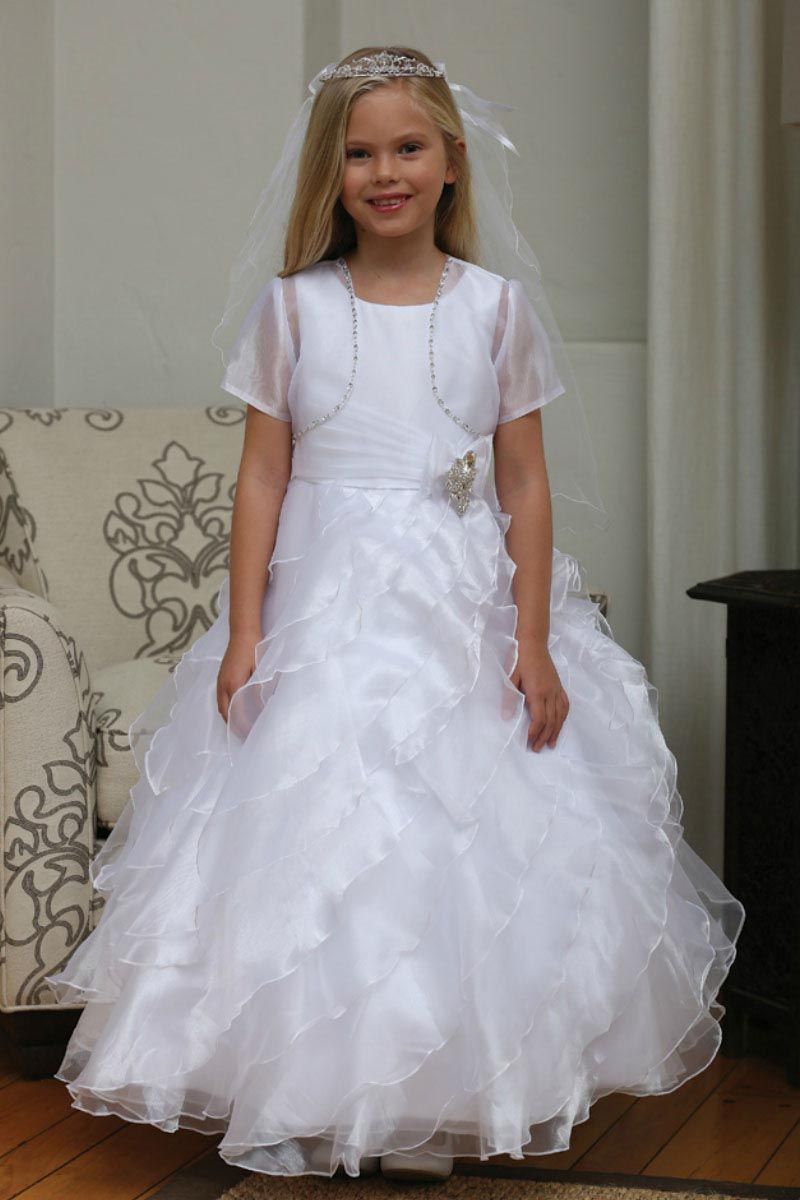 VESTIDO PRIMERA COMUNION BLANCO ROTO CON FLOR EN CINTURA ROSA