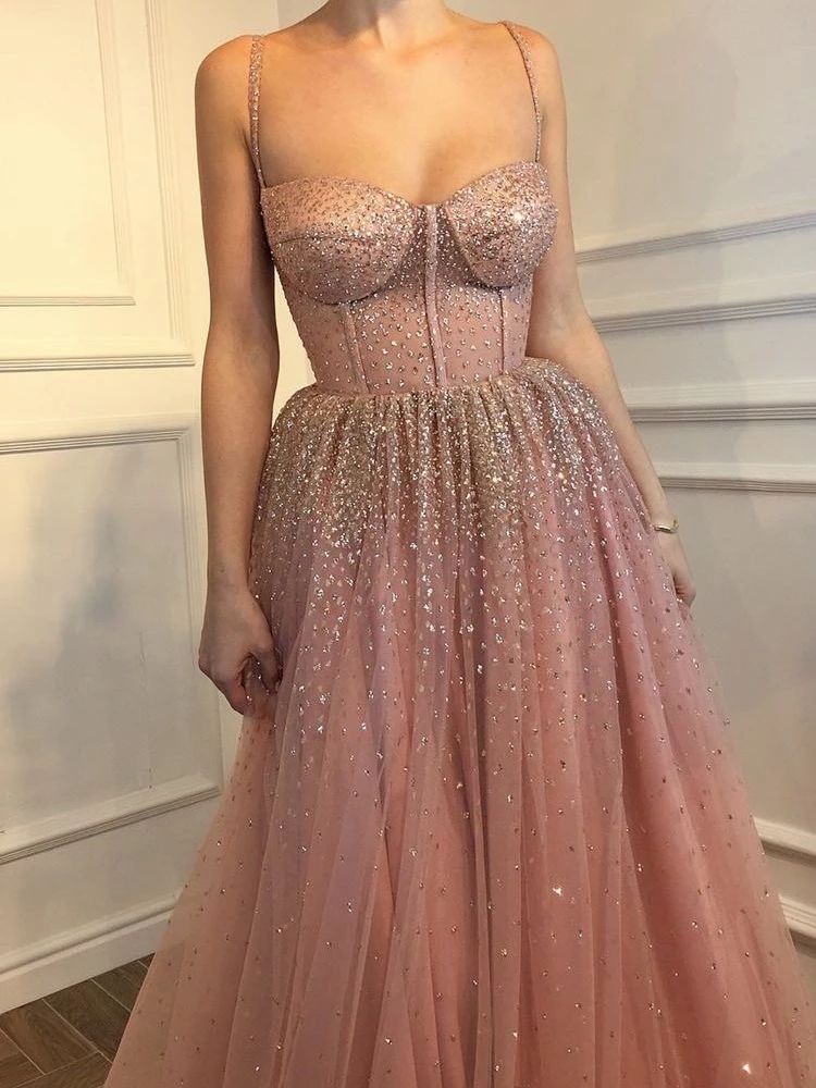 Brillantes spaghetti straps A-Line Vestidos fiesta de tul de Hollywood Cristales rebordear vestidos de noche Brillantes spaghetti straps A-Line Vestidos fiesta de tul de Hollywood Cristales rebordear vestidos de noche