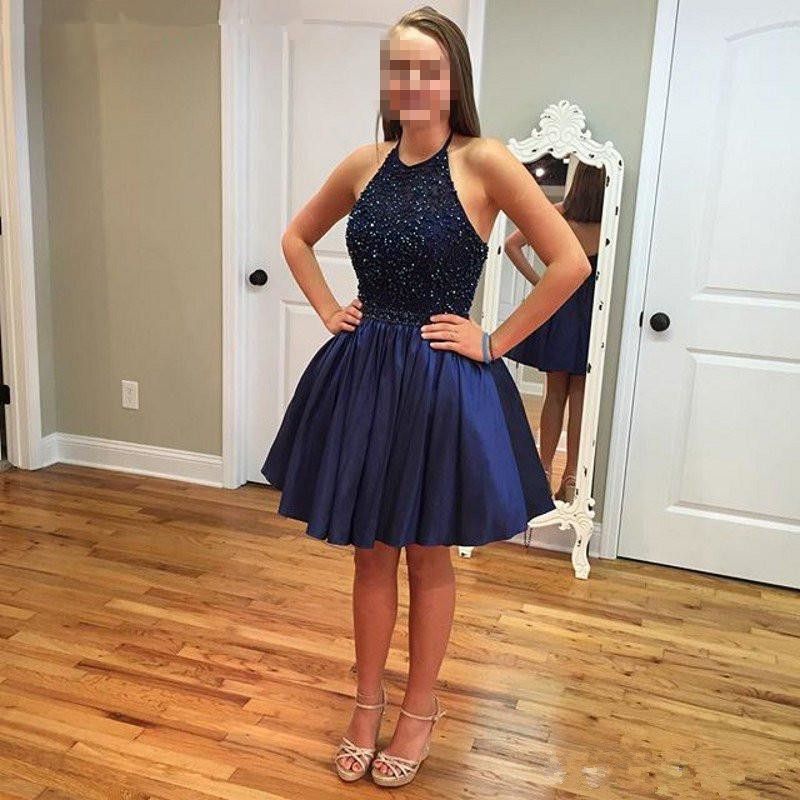 Coctel Azul marino corto del regreso al hogar de los halter del grano barato del dulce 16 Prom vestidos de bola del vestido corto rebordear Vestidos fiesta de graduación