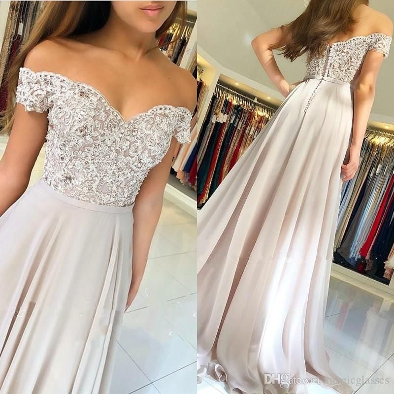 off the shoulder flowy prom dress