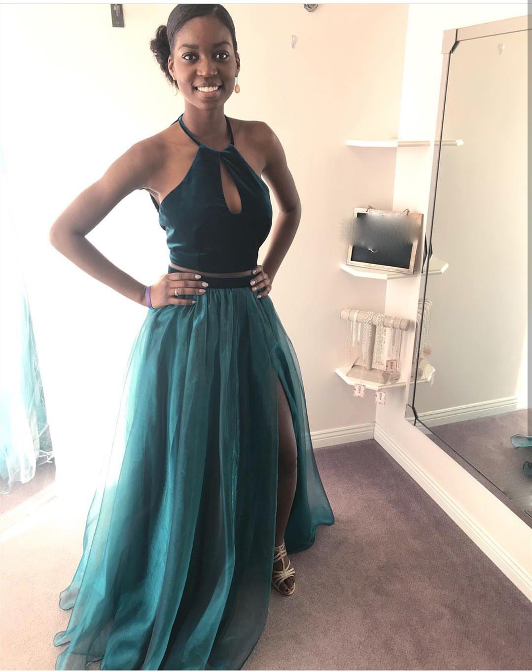 dark green two piece prom dress
