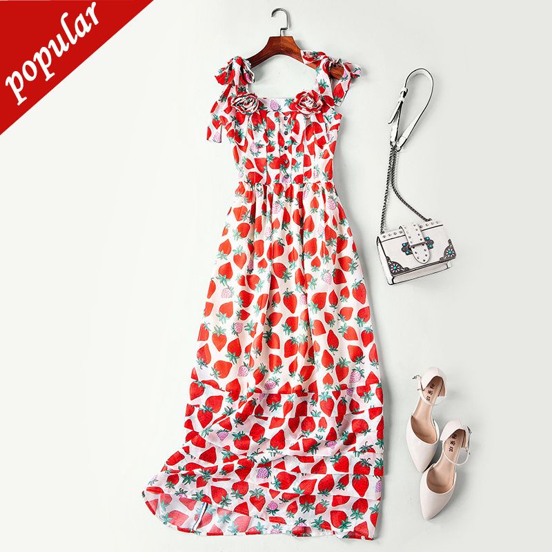 2019 Summer Runway Fashion Women Strawberry Print Spaghetti Strap Dress Beach Holiday Slash Neck 3d Flowers Maxi Dress Dress C Black Dresses On Sale From Johngreenlight 83 03 Dhgate Com
