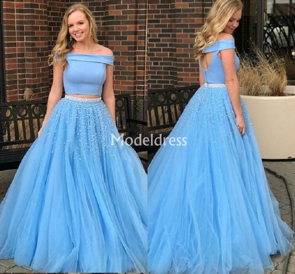 two piece baby blue prom dress