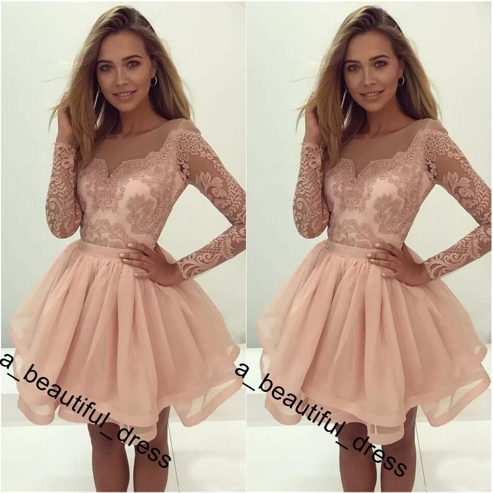 Sheer Long Sleeve Mini Short Dresses Blush Pink