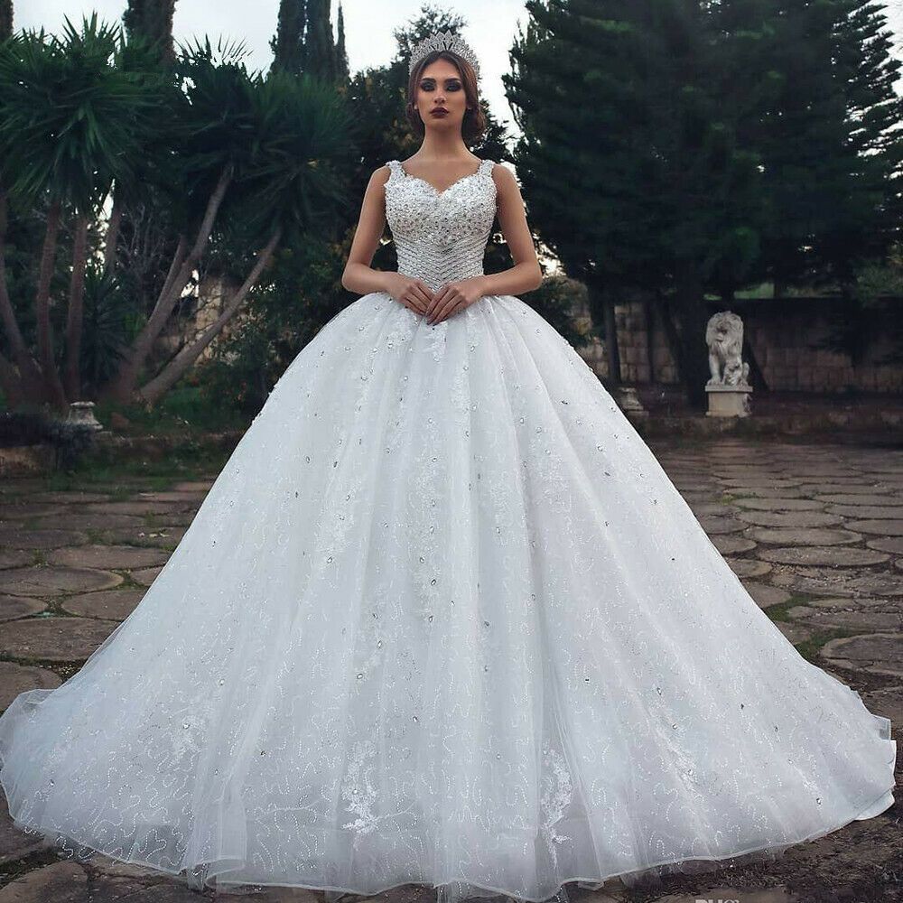 Acheter Appliques Princesse Strass Fait Main Cristal Magnifique Robe De Bal Robes De Mariée 2019 Brillant Tulle Puffy Mariée Paillettes Luxueux