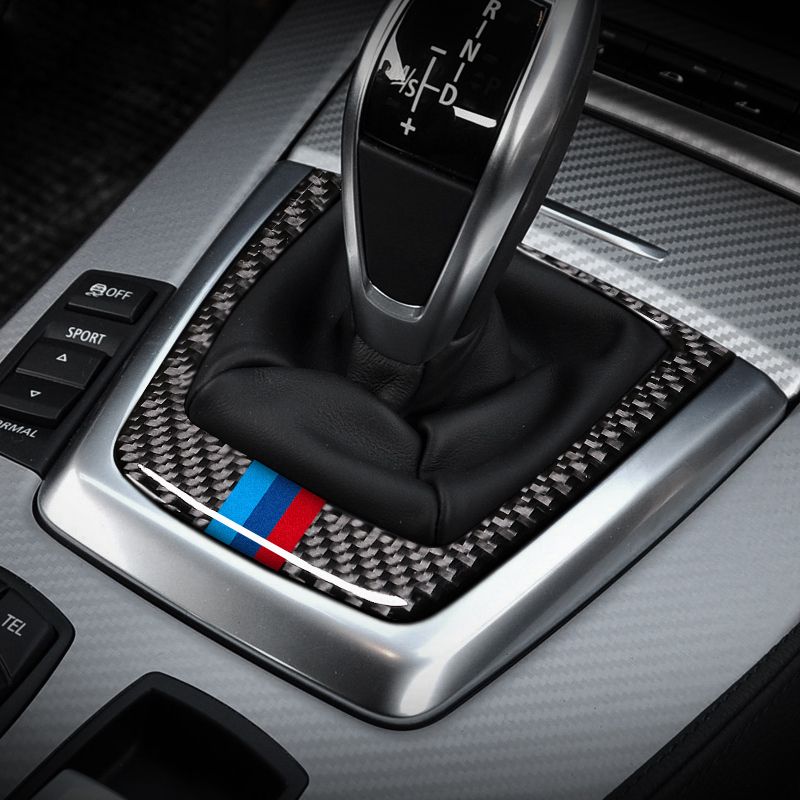 Couverture de changement de vitesse de commande interieure de voiture en  fibre de carbone, garniture, decoration de decrochage interieur,  autocollant de panneau decoratif pour BMW E70, E71, X5, X6