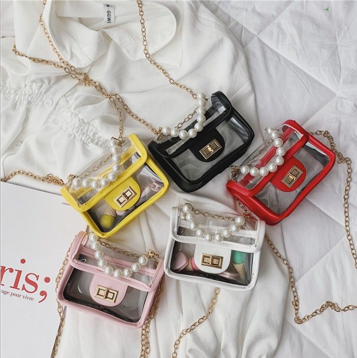 Kid Bags Girls Shoulder Bag Pearl Chain Messenger New Fashion Cute Mini PVC  Jelly Bag Grid Flap Bag