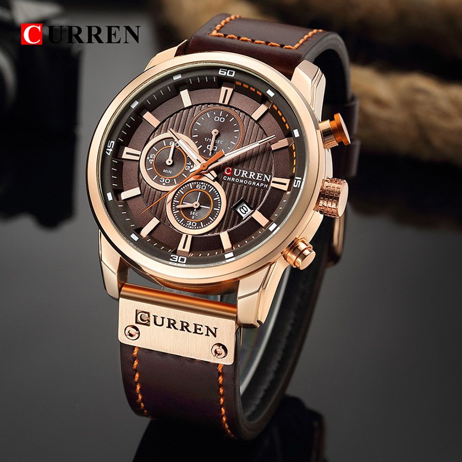 Curren Leather Gold Watch Men Brown Gold Watch Mens Quartz
