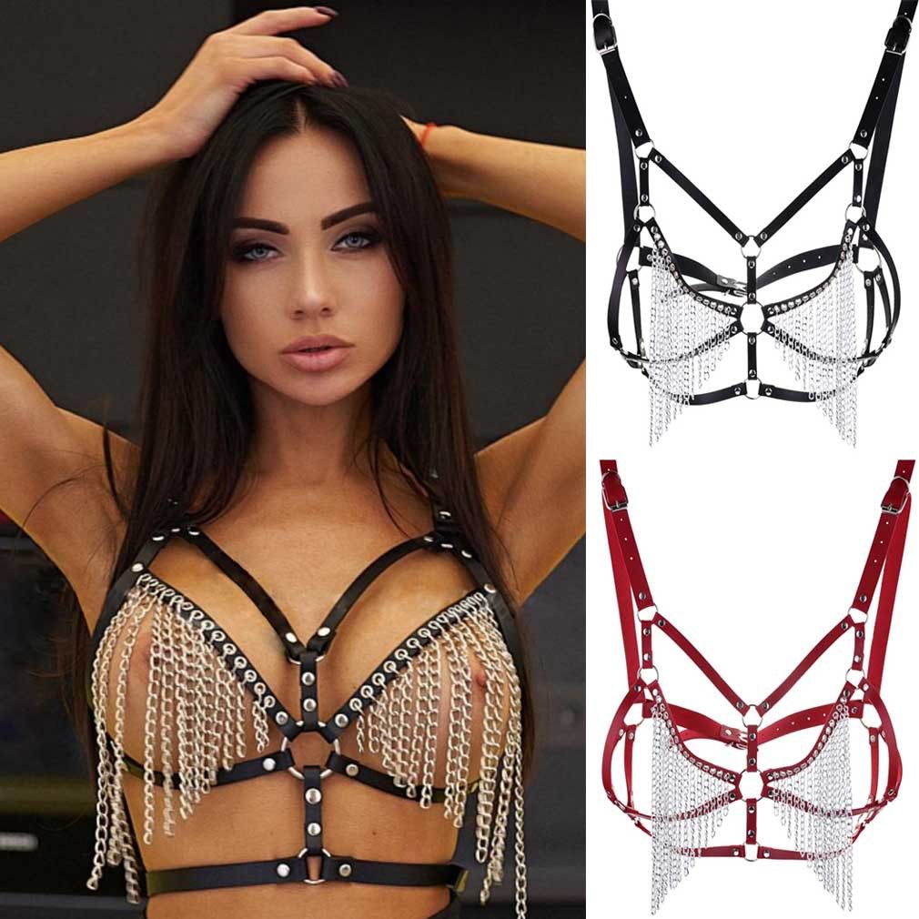 2021 Leather Body Harness Bra Metal Chain Bondage Lingerie