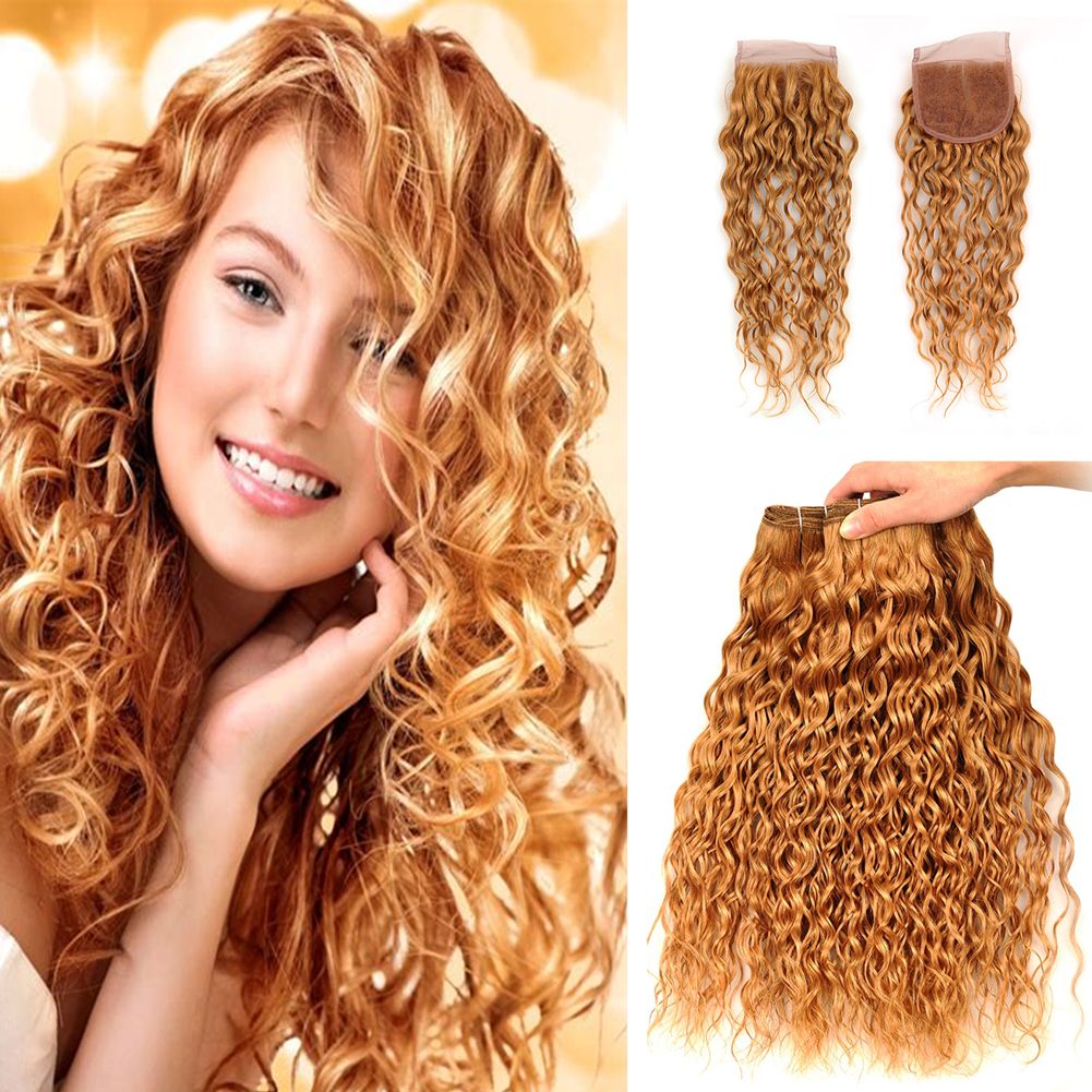 Compre El Cabello De Color Rubio Miel Teje Con Una Extensión De La Trama Del Pelo Humano De La Onda Del Agua Del Cierre Del Cordón Con El Pelo