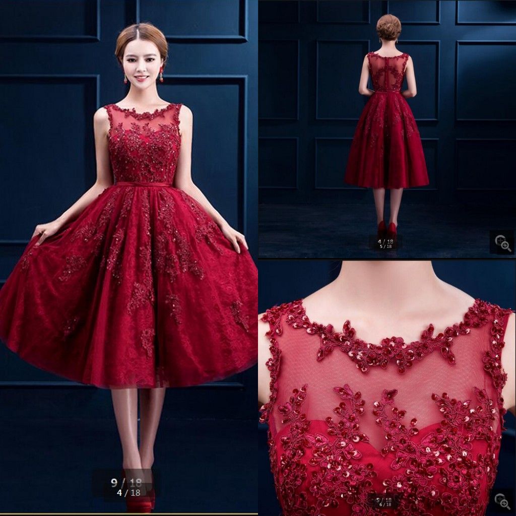Wine Lace Tea Length Short Prom Dress Beaded Appliques Sheer Back Sexy Petite Informal Cocktail Party Prom Dresses Hot Sale From Wedding 139 7 Dhgate Com