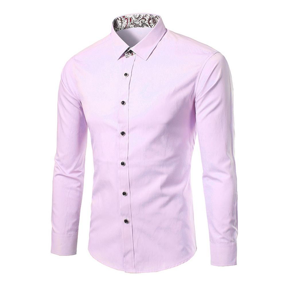Plus Size Fashion Slim Men Solid Color Long Sleeve Turn Down Collar Shirt Top Pink XXXXL