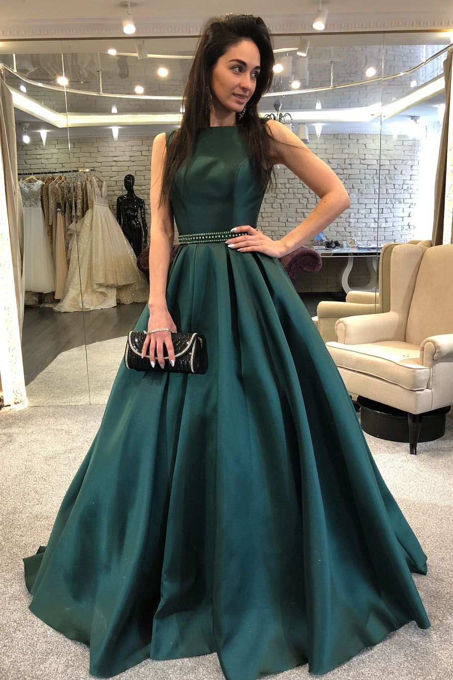 dark green satin gown