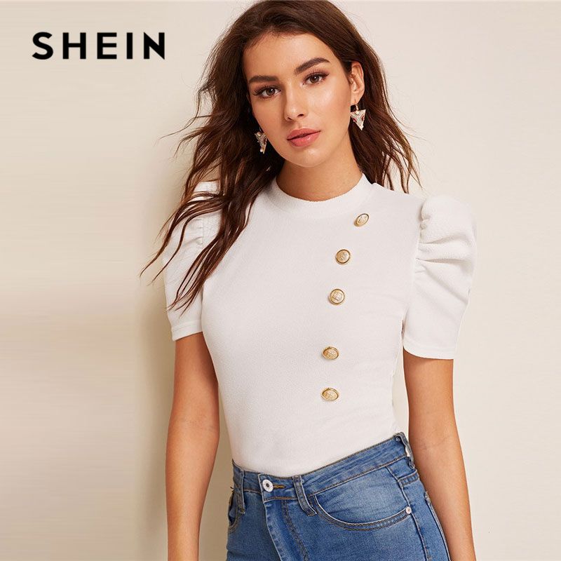 Download 2020 SHEIN Mock Neck Puff Sleeve Button Front White Blouse ...