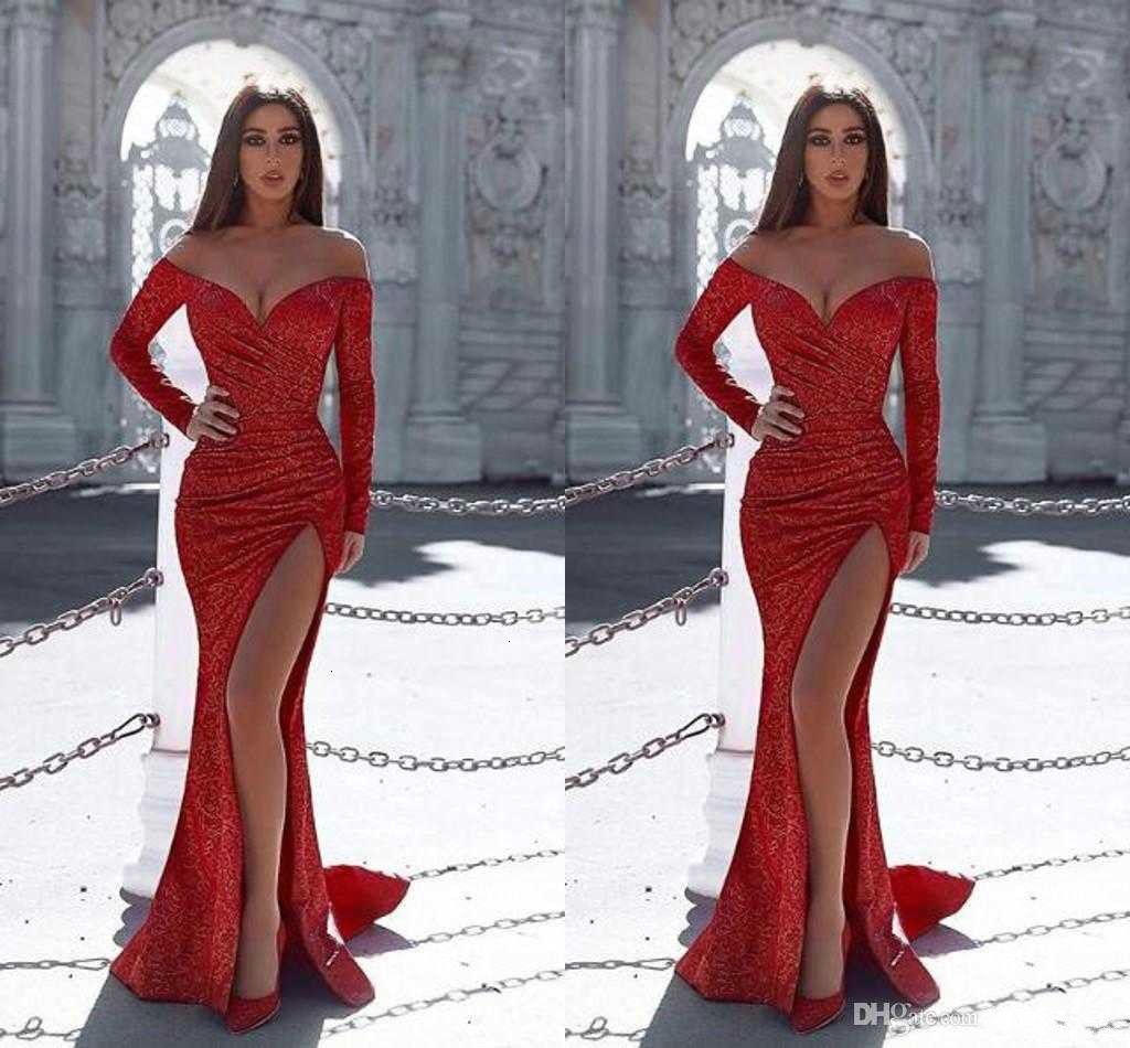 red sparkly long sleeve prom dress