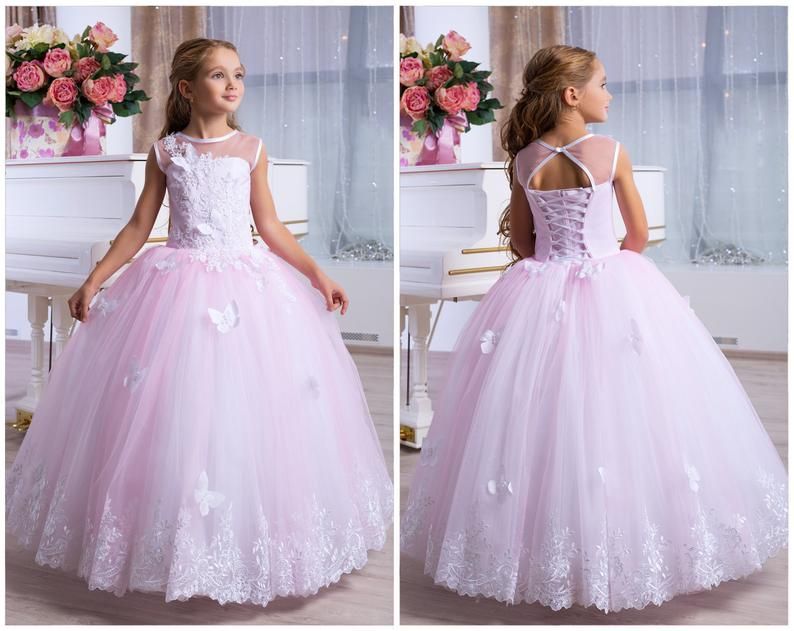 Blush Flower Girl Dress Cream Tulle Rose Guipure Tutu Birthday Wedding Kids Pink Lace Satin Junior Bridesmaid Ballerina Baby Formal Party