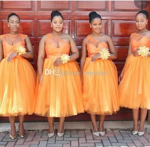 Orange Peach Tea Length Bridesmaid ...