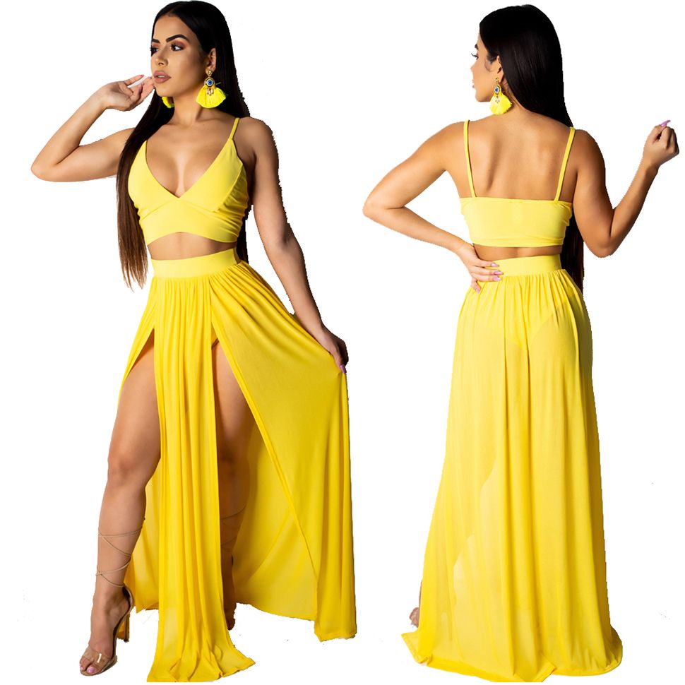 solid v neck sleeveless side slit two piece maxi dress