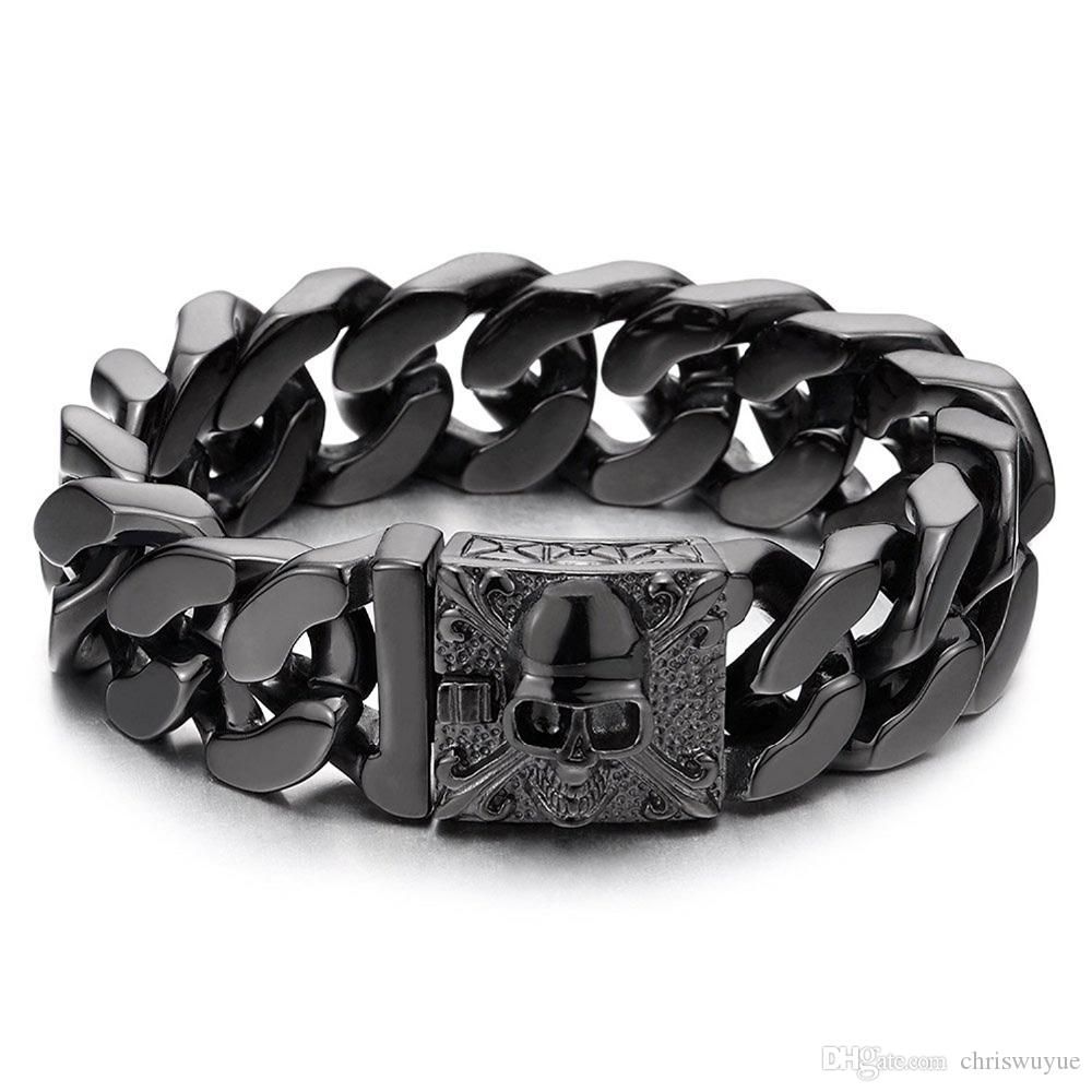 Black Leather Slave Bracelet with Multi-Skull Charms Chains Fleur De Lis Cross