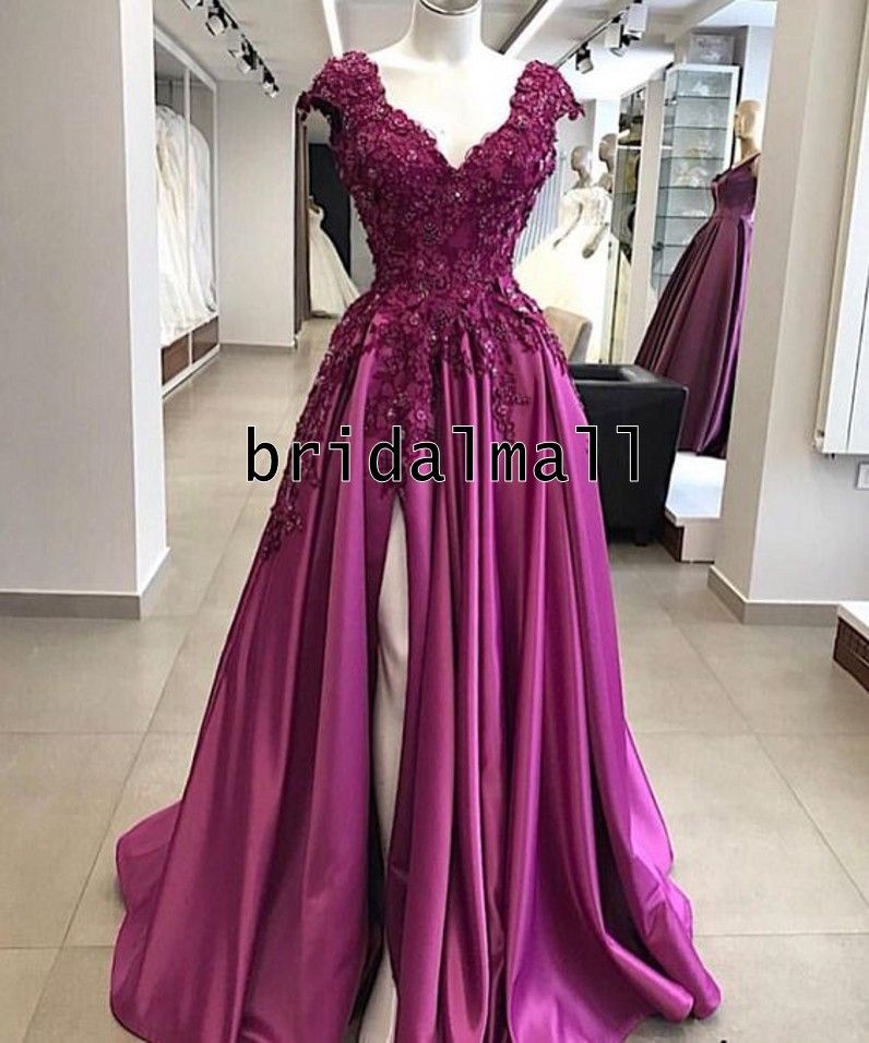 Compra Apliques Florales En 3D Cuello En V Satén Morado Vestidos Largos De  Baile 2020 Abertura Lateral Sexy Elegante Vestido De Noche Formal Vestido  De Fiesta Vestido De Sorbee Barato | Entrega