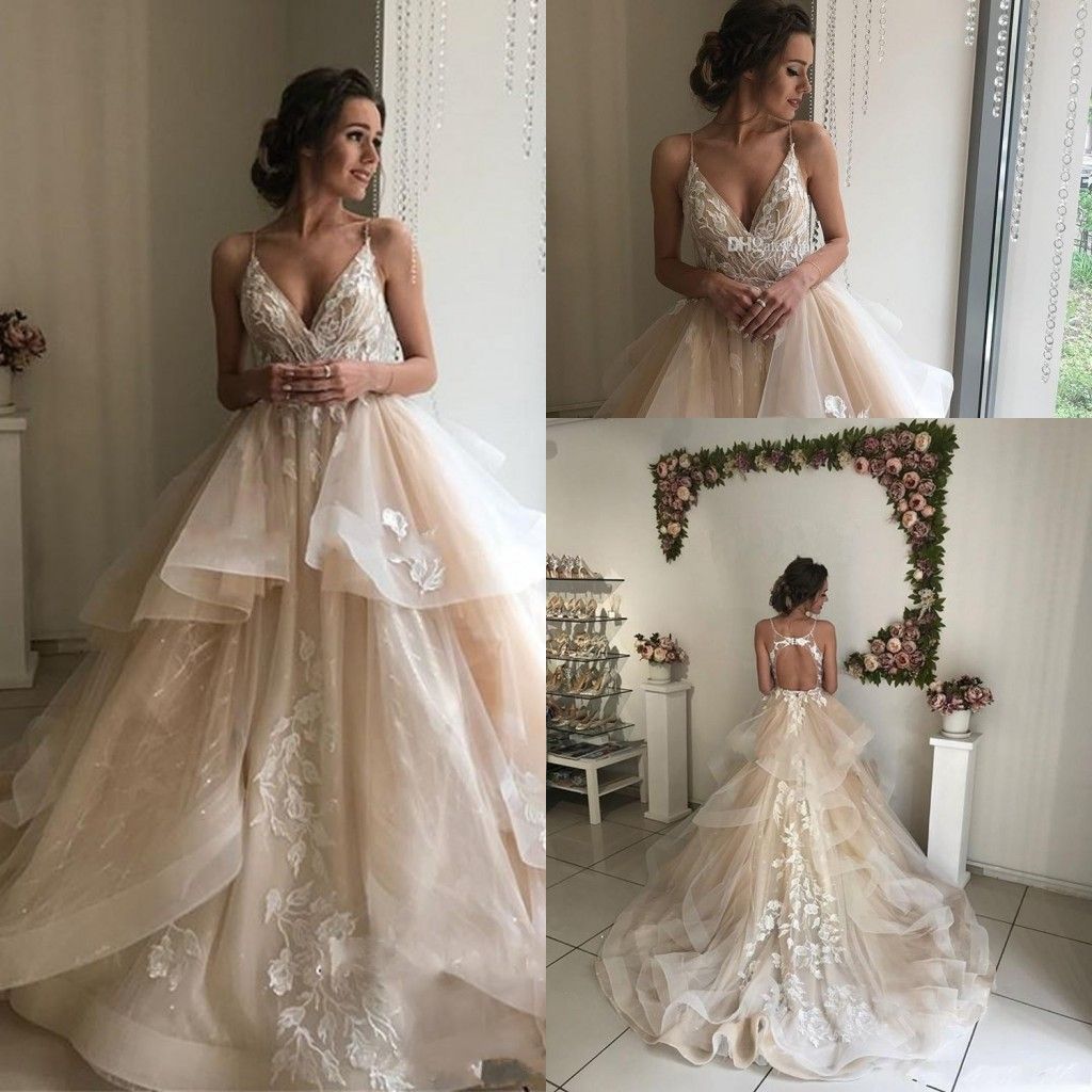 Discount 2019 Vintage Champagne A Line Wedding Dresses V Neck Spaghetti Straps Appliques Lace Tulle Tiered Backless Bridal Gowns Debenhams Dresses Lace Wedding Dress From Cinderelladress 144 25 Dhgate Com