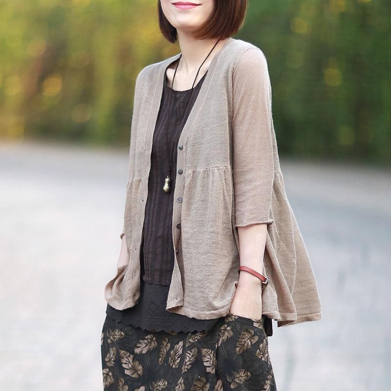 Korean Retro Cardigan Thin Coat V Neck Crop Sleeve Lotus Leaf Hem