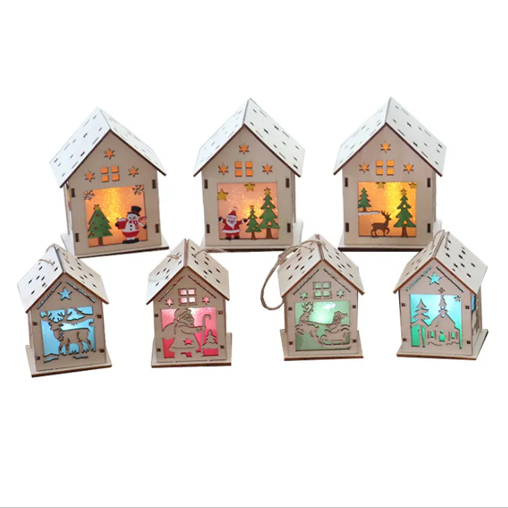 LED Light Wood HOUSE Cute Christmas Tree Hanging Ornaments Holiday Decoration