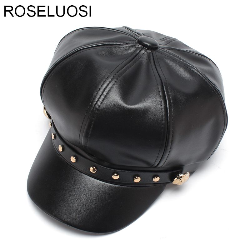 black leather newsboy cap