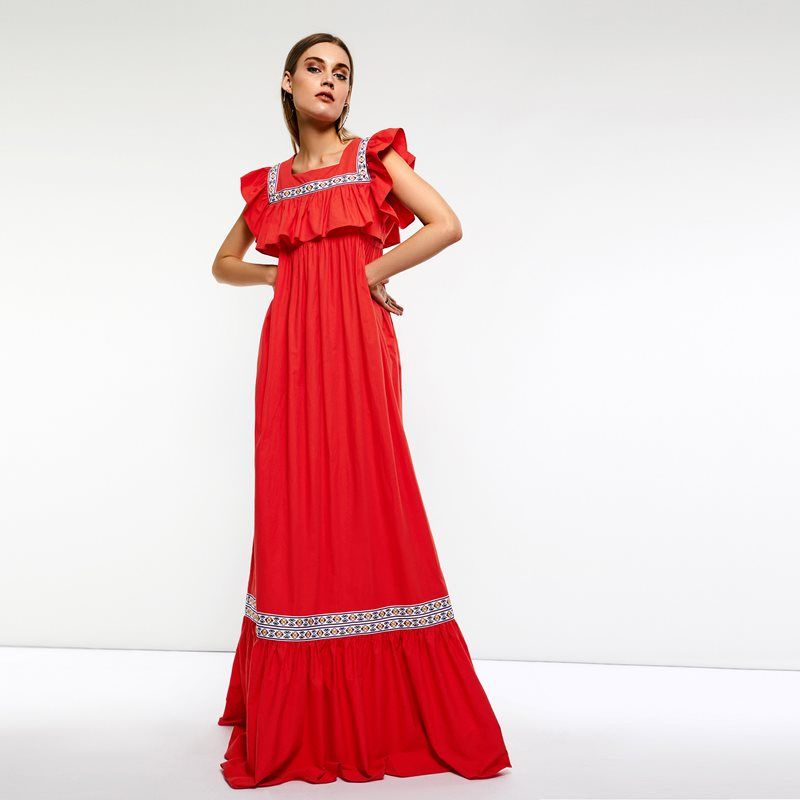 2019 mujeres maxi vestidos viaje cuadrado rojo suelto llanura falbala bordado plisado