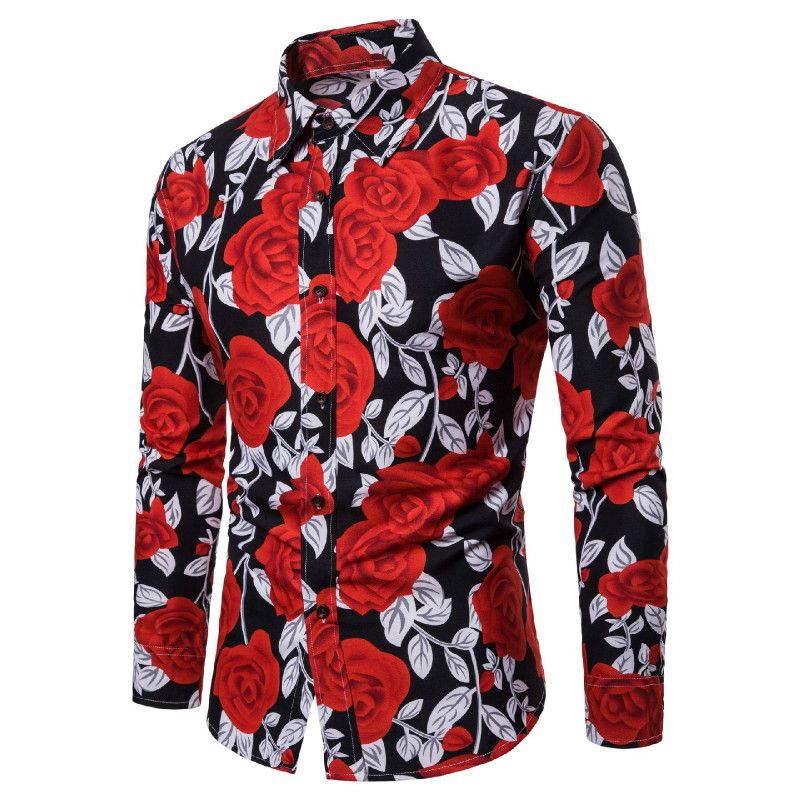 #Red Camisas florales de manga larga de Otoño para hombres camisas 