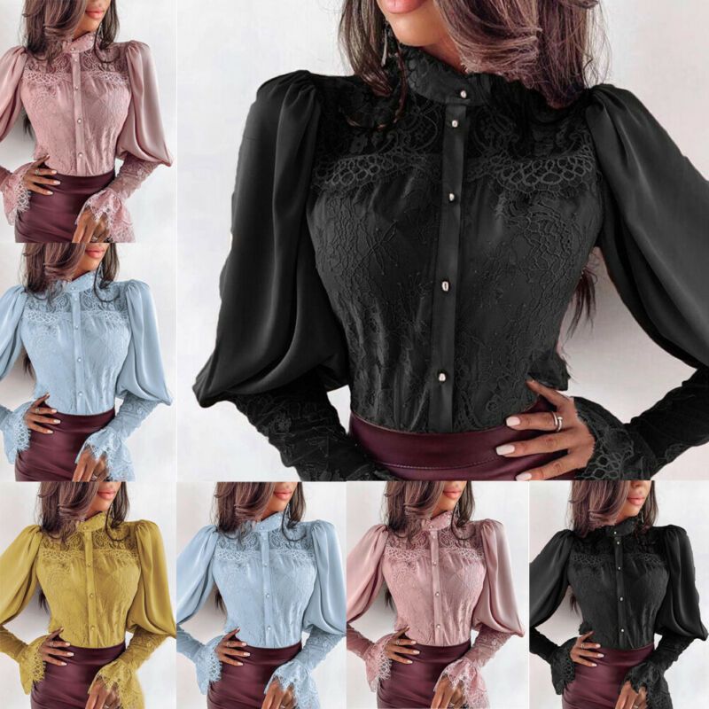 Blusa De Manga Larga Con Botones Y Cuello Alto En V Profundo Blusa De Manga Larga Con Botones Y Cuello Alto En V Profundo