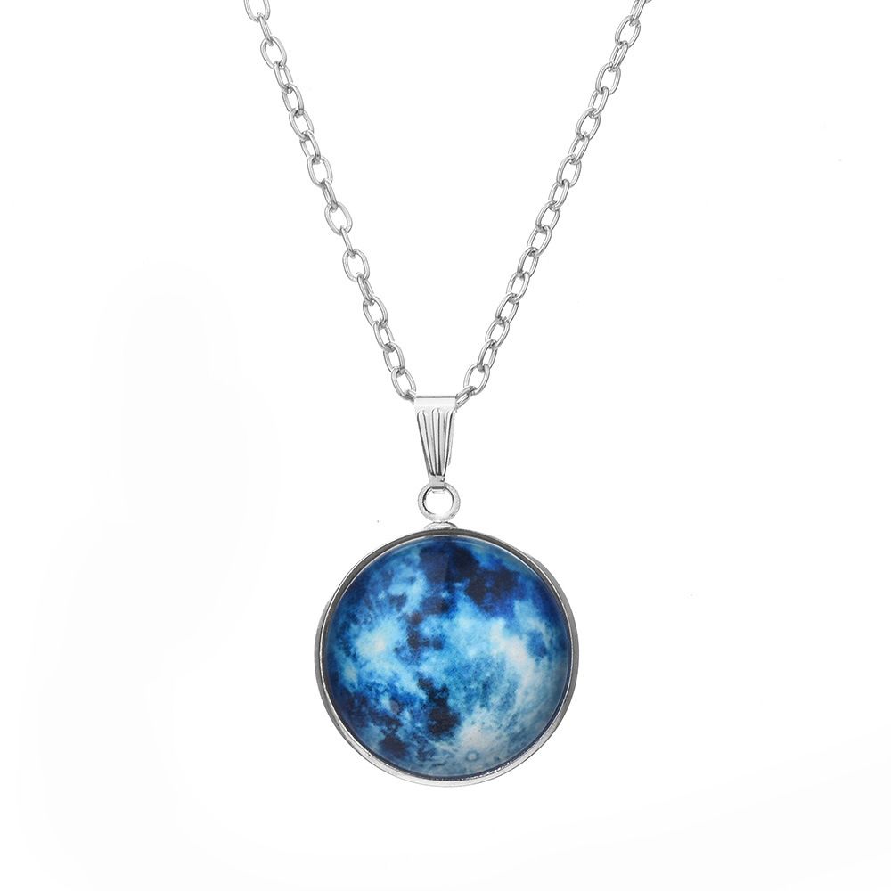 Glow In Dark Full Moon Necklace Space Picture Galaxy Jewelry For Ladies Sweater Chain Charm Pendant