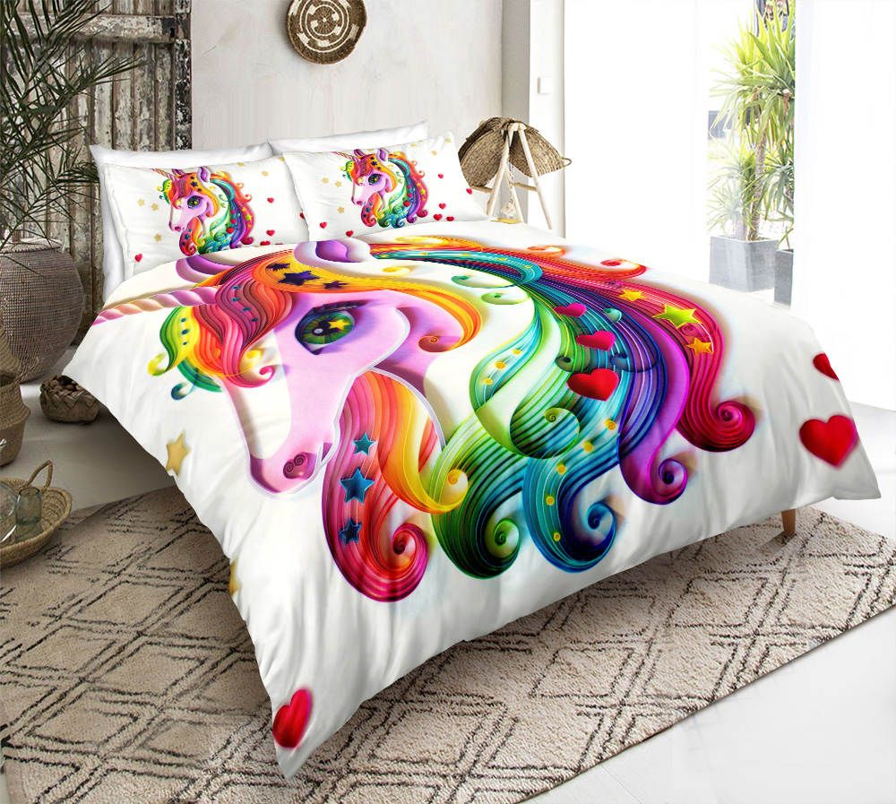 Juego de cama White Unicorn Rainbow King Size Funda nórdica pintada con corazón Queen Textiles para el hogar Juego de individual con de almohada 3 piezas