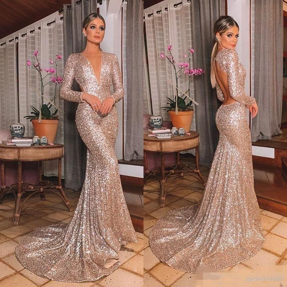 Sexy Backless Prom Dresses Sparkly Rose 