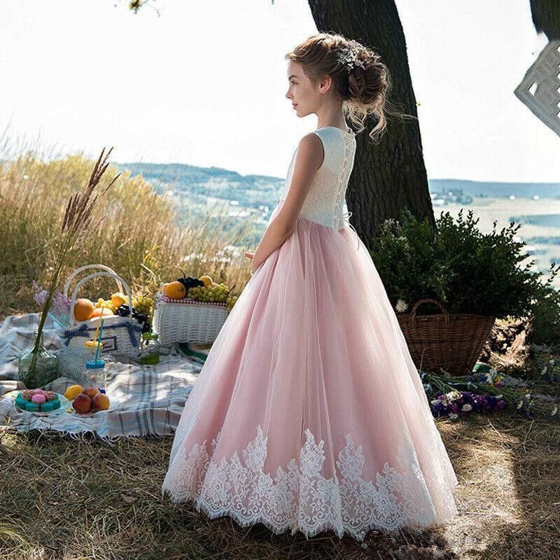 Flower Girl Dresses Lace Applique Sleeveless Floor Length Princess Gown for Kids 
